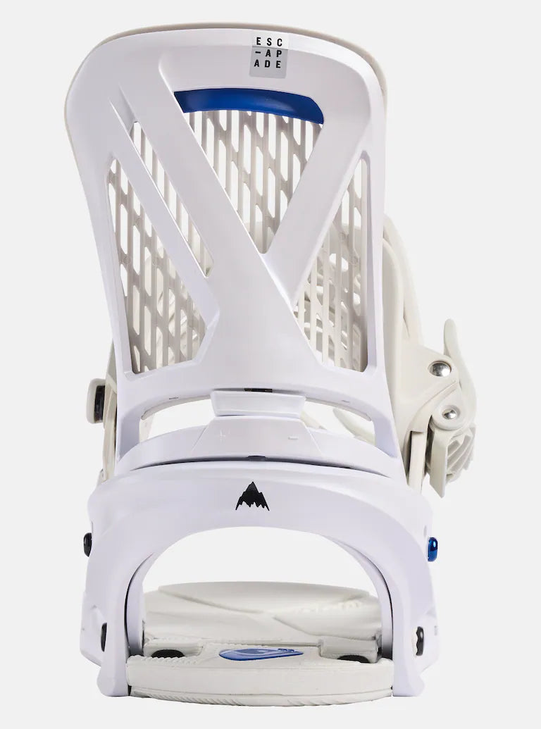 Burton Women's Escapade Snowboard Bindings 2025 - White bindings with blue accents and a geometric pattern on the straps.