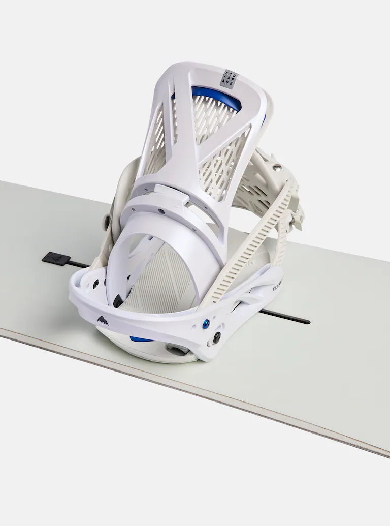 Burton Women's Escapade Snowboard Bindings 2025 - White bindings with blue accents on a light gray background.