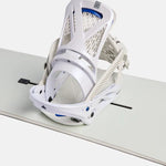 Burton Women's Escapade Snowboard Bindings 2025 - White bindings with blue accents on a light gray background.