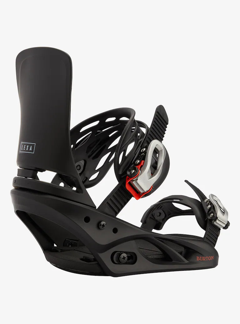 Burton Women's Lexa Snowboard Bindings - A black snowboard binding with a white logo on the strap and red accents.
