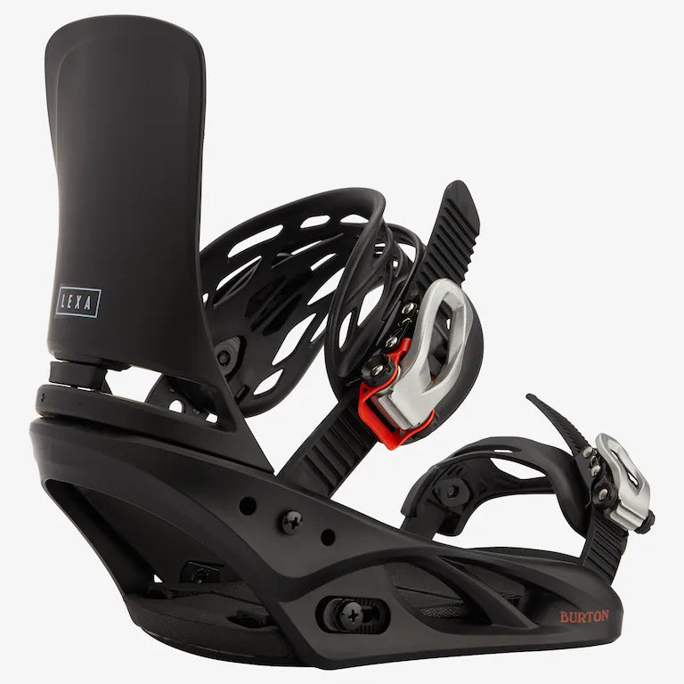 Burton Women's Lexa Snowboard Bindings - A black snowboard binding with a white logo on the strap and red accents.