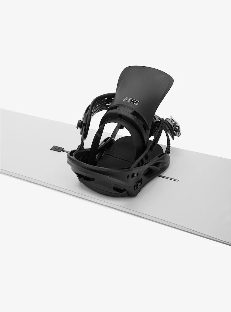 Burton Women's Lexa Snowboard Bindings - A black snowboard binding with a white logo on top of a light gray background.