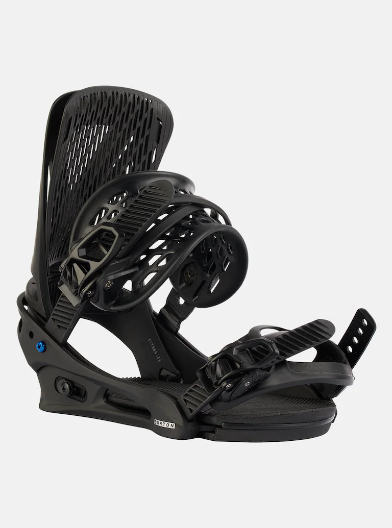 Burton Genesis Snowboard Bindings 2025 - Black bindings with a textured strap and blue logo on the side.