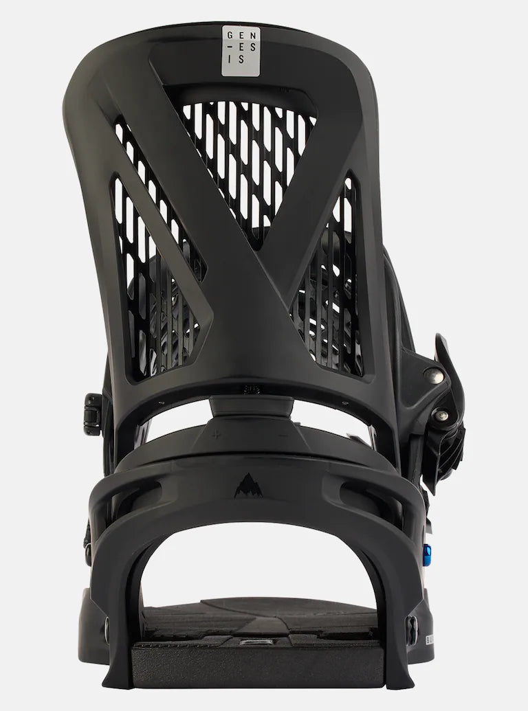 Burton Genesis Snowboard Bindings 2025 - A black snowboard binding with a geometric pattern on its baseplate and straps.