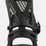 Burton Genesis Snowboard Bindings 2025 - A black snowboard binding with a geometric pattern on its baseplate and straps.