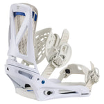 Burton Genesis Snowboard Bindings 2025 - White bindings with blue accents and a black strap on the right binding.