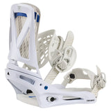 Burton Genesis Snowboard Bindings 2025 - White bindings with blue accents and a black strap on the right binding.