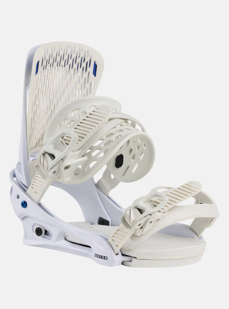 Burton Genesis Snowboard Bindings 2025 - White bindings with blue accents and a textured strap on the right boot.