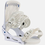 Burton Genesis Snowboard Bindings 2025 - White bindings with blue accents and a textured strap on the right boot.