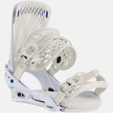 Burton Genesis Snowboard Bindings 2025 - White bindings with blue accents and a textured strap on the right boot.