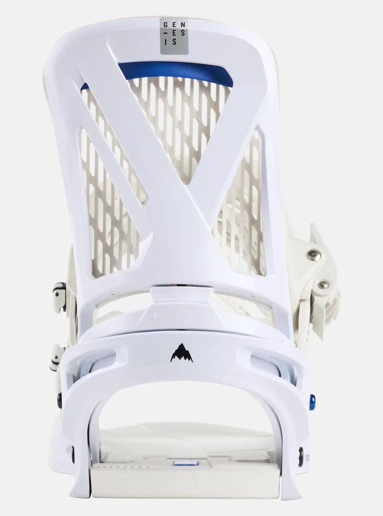 Burton Genesis Snowboard Bindings 2025 - White bindings with a blue strap and black buckles.