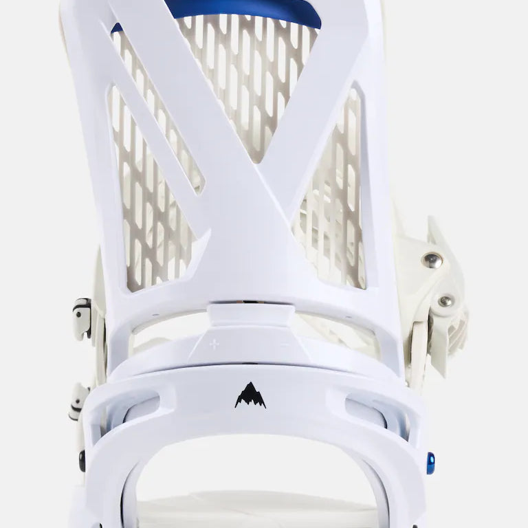Burton Genesis Snowboard Bindings 2025 - White bindings with a blue strap and black buckles.