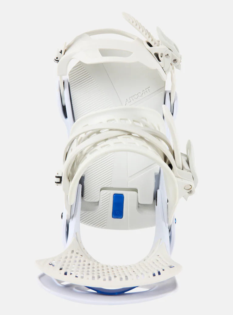Burton Genesis Snowboard Bindings 2025 - White bindings with a blue logo on the highback strap.