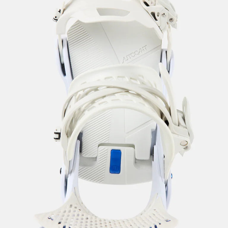 Burton Genesis Snowboard Bindings 2025 - White bindings with a blue logo on the highback strap.