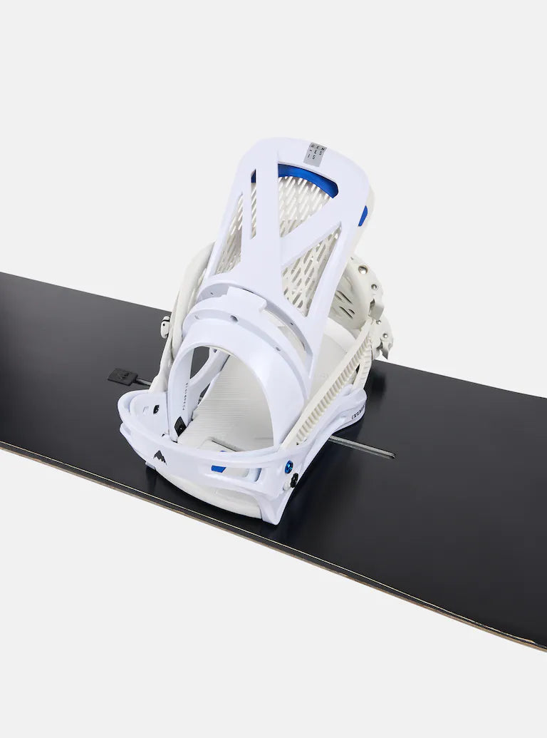Burton Genesis Snowboard Bindings 2025 - A pair of white bindings with blue accents on a black background.