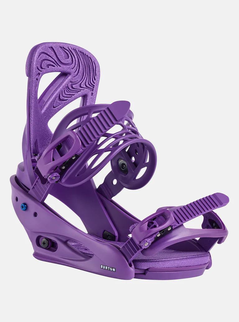 Burton Scribe Snowboard Bindings 2025 - A pair of purple snowboard bindings with a textured pattern on the straps and a circular logo on the baseplate.