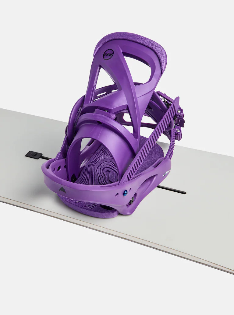 Burton Scribe Snowboard Bindings 2025 - A purple snowboard binding with a circular logo on top and a strap that wraps around the boot.