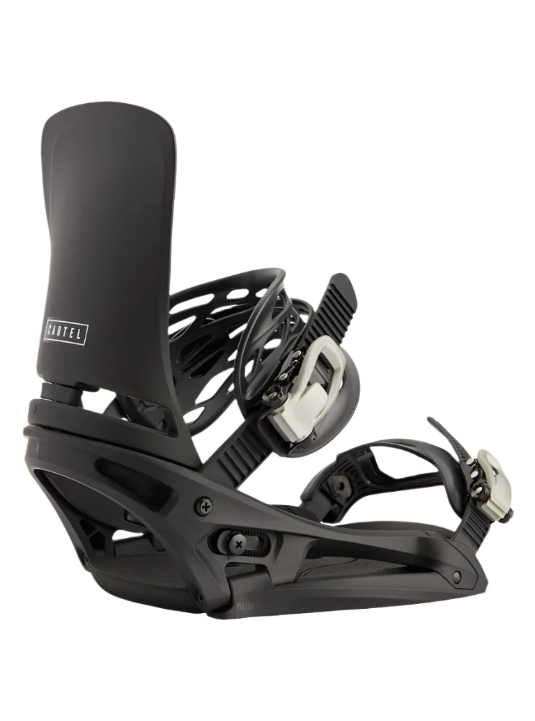 Burton Cartel Est Snowboarding Bindings 2025 - Black bindings with white buckles and straps.
