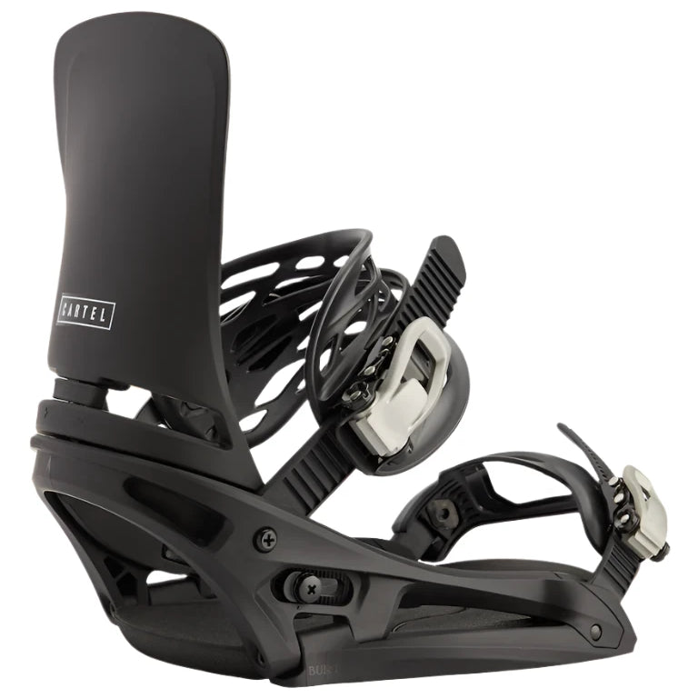 Burton Cartel Est Snowboarding Bindings 2025 - Black bindings with white buckles and straps.