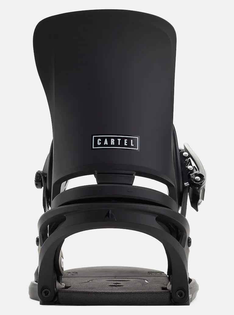 Burton Cartel Est Snowboarding Bindings 2025 - A pair of black snowboard bindings with silver buckles and straps.