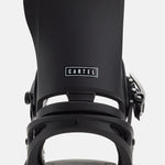 Burton Cartel Est Snowboarding Bindings 2025 - A pair of black snowboard bindings with silver buckles and straps.