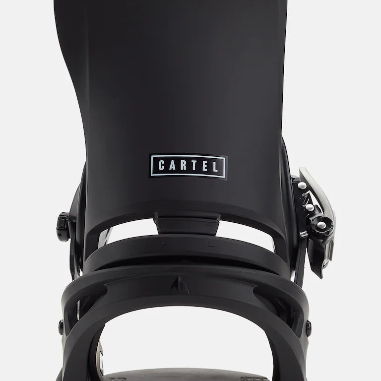 Burton Cartel Est Snowboarding Bindings 2025 - A pair of black snowboard bindings with silver buckles and straps.