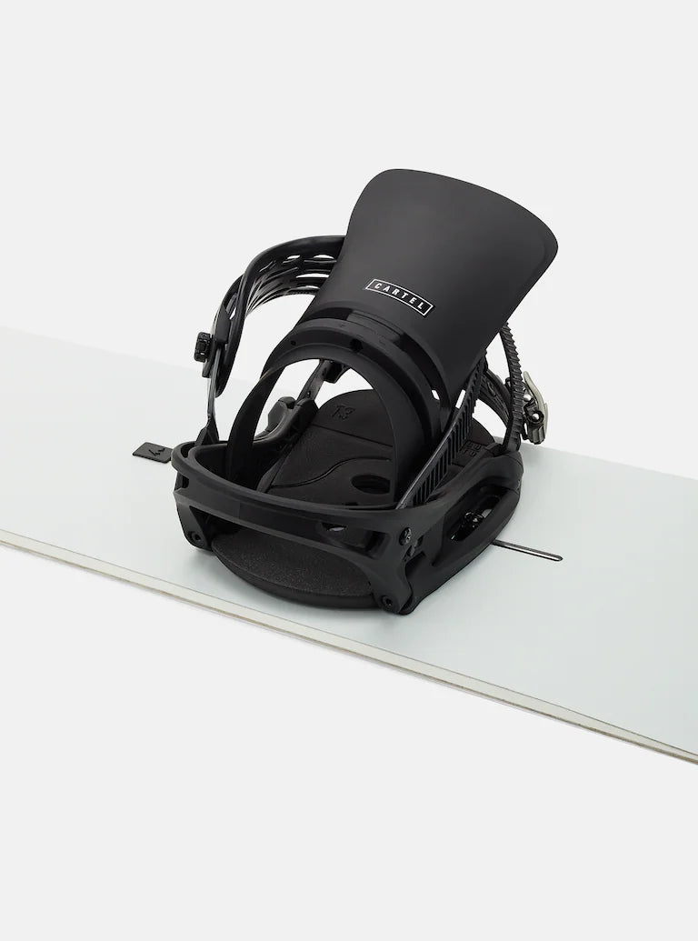 Burton Cartel Est Snowboarding Bindings 2025 - A black snowboard binding with a white logo on top of a light gray background.