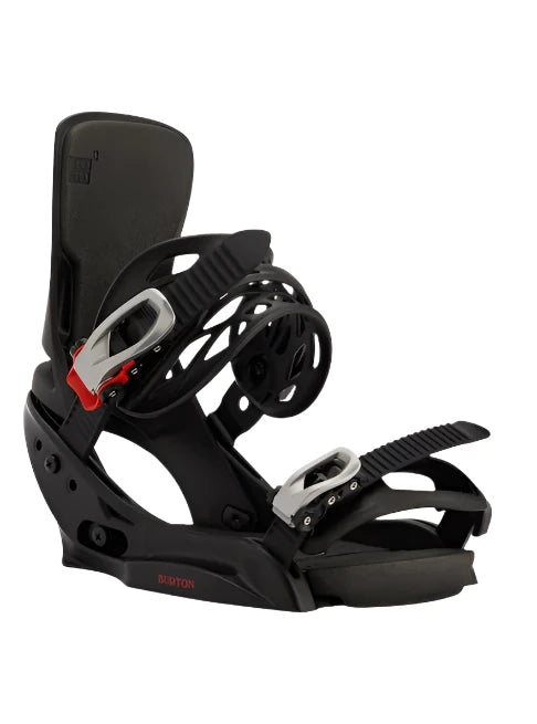 Burton Women's Lexa Est Snowboard Bindings - Black bindings with silver buckles and red accents on straps.