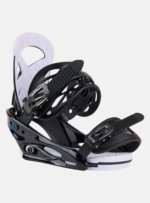 Burton Junior's Smalls Bindings 2025 - Black bindings with white accents and a blue logo on the side.
