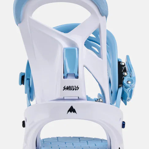 Burton Junior's Smalls Bindings 2025 - White bindings with light blue accents and a small black logo on the front.