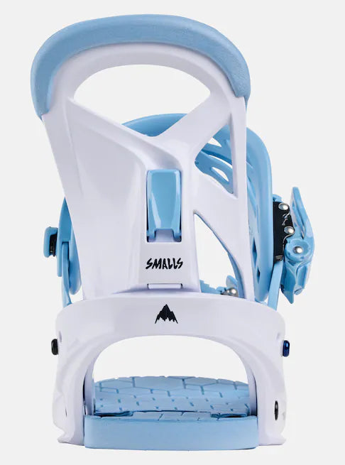 Burton Junior's Smalls Bindings 2025 - White bindings with light blue accents and a small black logo on the front.