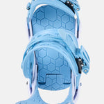 Burton Junior's Smalls Bindings 2025 - Light blue bindings with a geometric pattern on the baseplate and straps.