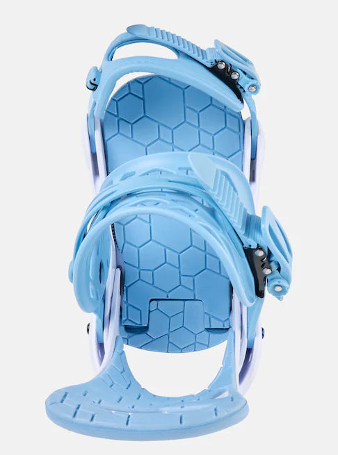 Burton Junior's Smalls Bindings 2025 - Light blue bindings with a geometric pattern on the baseplate and straps.