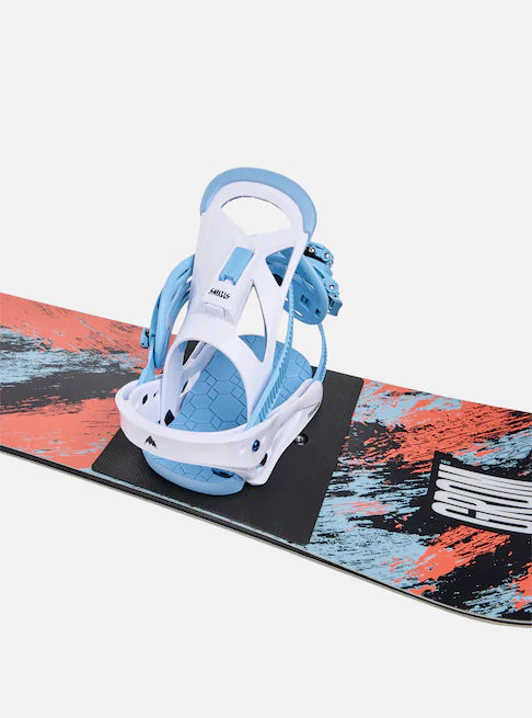 Burton Junior's Smalls Bindings 2025 - A pair of blue and white bindings with a geometric pattern on the straps.