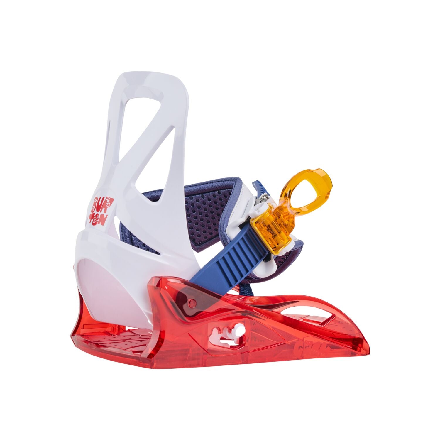 Burton Junior's Grom Snowboard Bindings 2025 - A pair of snowboard bindings with a predominantly white base and blue accents, featuring a distinctive orange strap on the right binding.