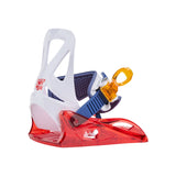 Burton Junior's Grom Snowboard Bindings 2025 - A pair of snowboard bindings with a predominantly white base and blue accents, featuring a distinctive orange strap on the right binding.