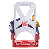 Burton Junior's Grom Snowboard Bindings 2025 - A pair of white snowboard bindings with blue straps and a yellow buckle.