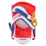 Burton Junior's Grom Snowboard Bindings - A pair of snowboard bindings with a predominantly white base and blue accents, featuring a distinctive red logo on the top strap.