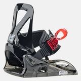 Burton Junior's Grom Snowboard Bindings 2025 - Black bindings with red strap and white logo on top of left binding.