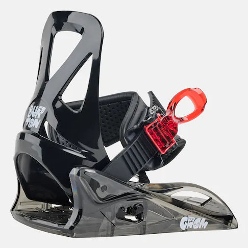 Burton Junior's Grom Snowboard Bindings 2025 - Black bindings with red strap and white logo on top of left binding.
