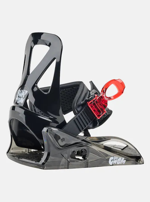 Burton Junior's Grom Snowboard Bindings 2025 - Black bindings with red strap and white logo on top of left binding.