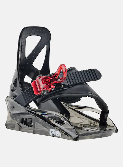 Burton Junior's Grom Snowboard Bindings 2025 - A black snowboard binding with a red strap and buckle.