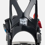 Burton Junior's Grom Snowboard Bindings 2025 - A black snowboard binding with a red strap on the right side and a blue strap on the left side.