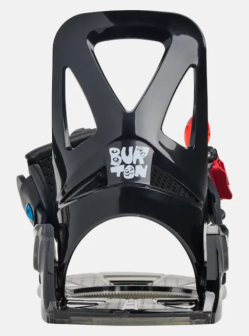 Burton Junior's Grom Snowboard Bindings 2025 - A black snowboard binding with a red strap on the right side and a blue strap on the left side.