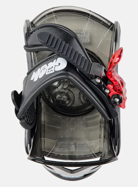 Burton Junior's Grom Snowboard Bindings 2025 - A black snowboard binding with a red plastic strap and white lettering on the front.