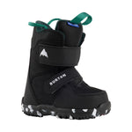 Burton Junior's Mini Grom Snowboard Boots 2025 - Black snowboard boots with a white logo on the side and green laces.