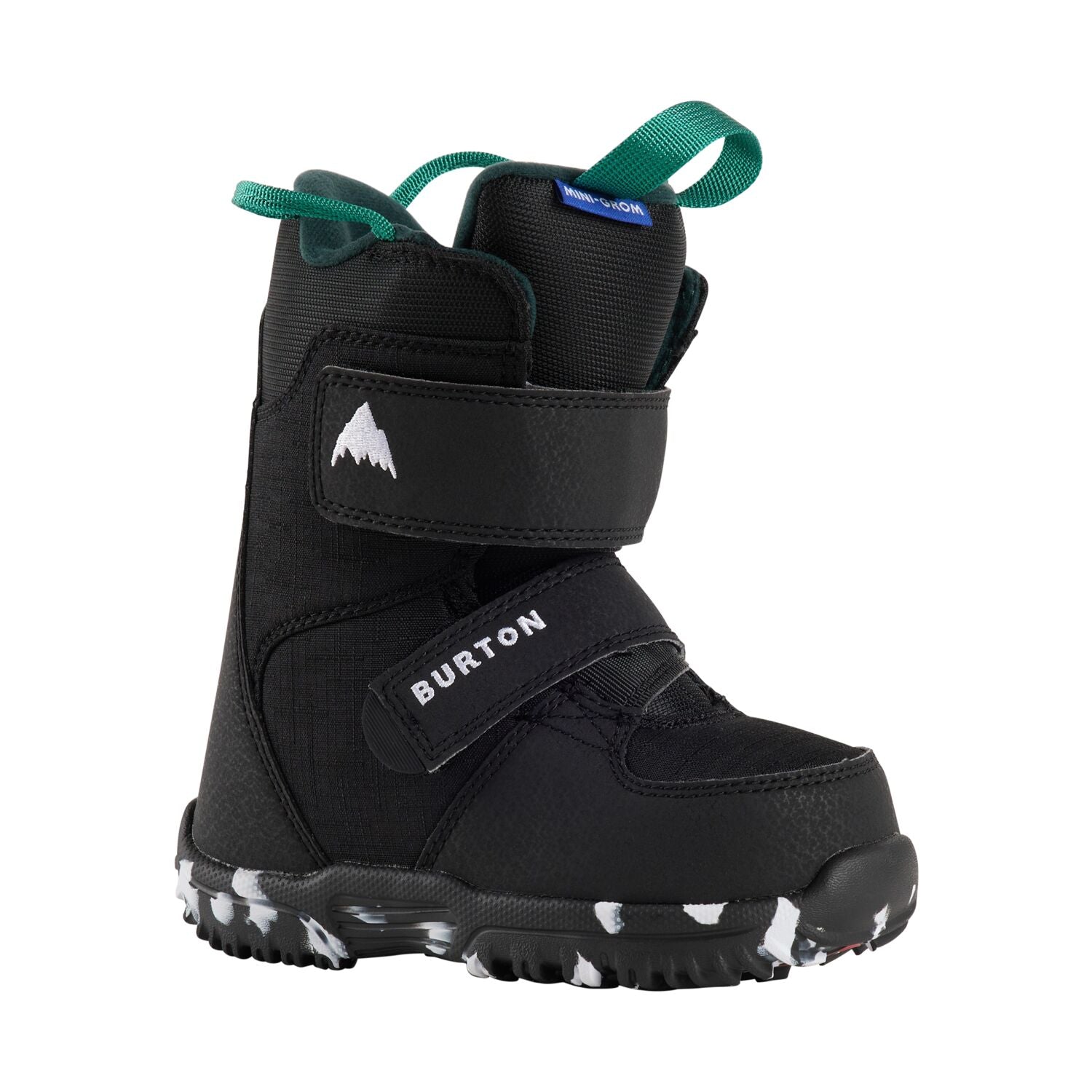 Burton Junior's Mini Grom Snowboard Boots 2025 - Black snowboard boots with a white logo on the side and green laces.