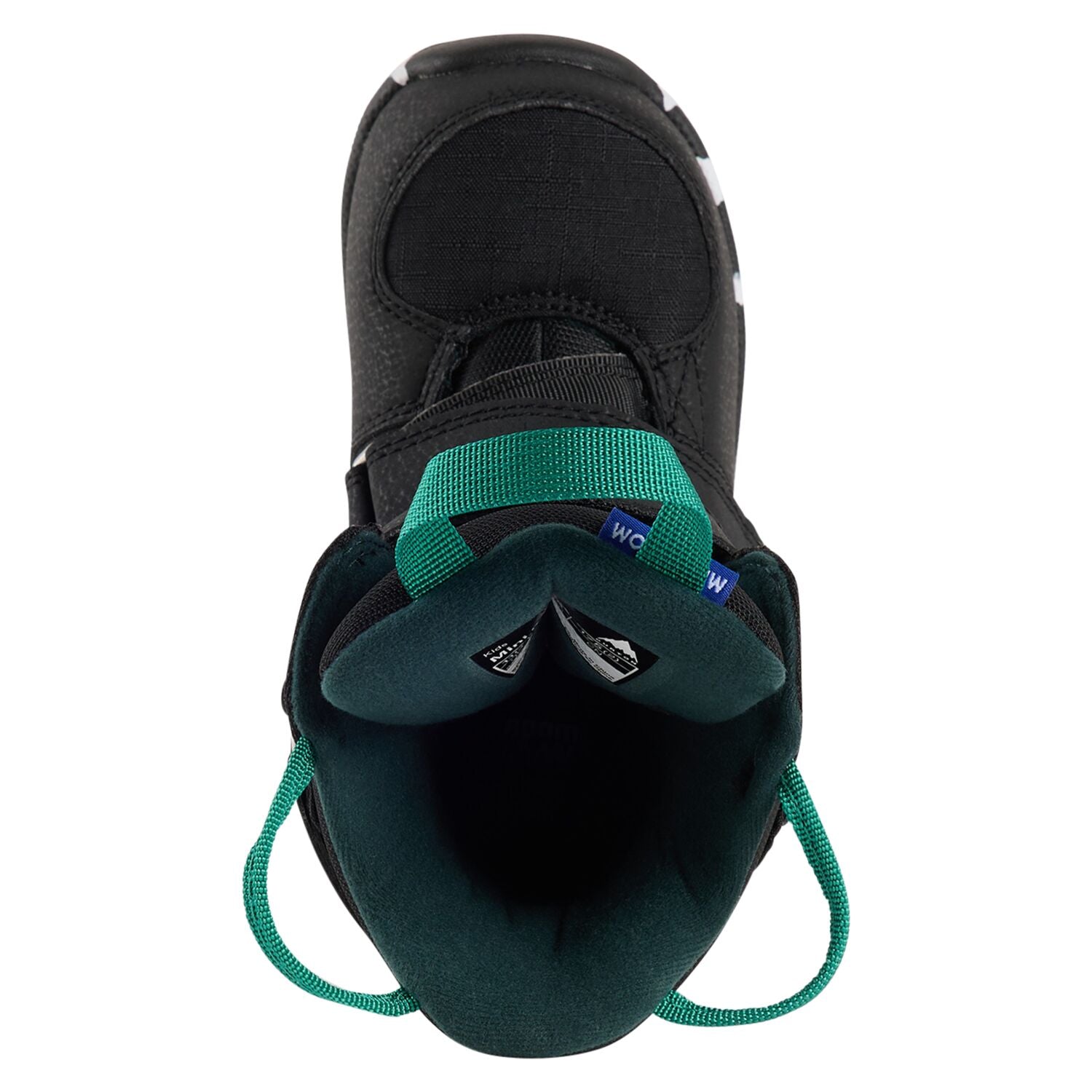 Burton Junior's Mini Grom Snowboard Boots 2025 - A black snowboard boot with a green strap and laces.