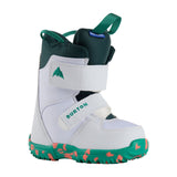 Burton Junior's Mini Grom Snowboard Boots 2025 - A pair of snowboard boots with a green strap and a small mountain logo on the side.