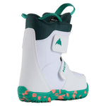 Burton Junior's Mini Grom Snowboard Boots 2025 - A pair of white snowboard boots with a green logo on the side and a strap closure.